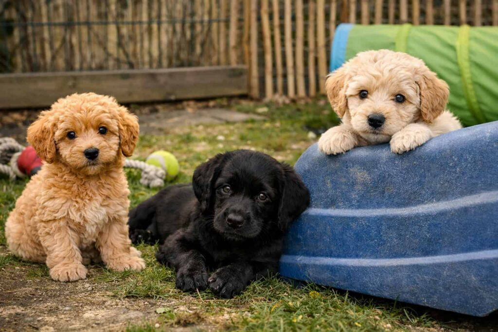 Drei Mini Labradoodle Welpen spielen im Garten der Zucht vom Meißetal